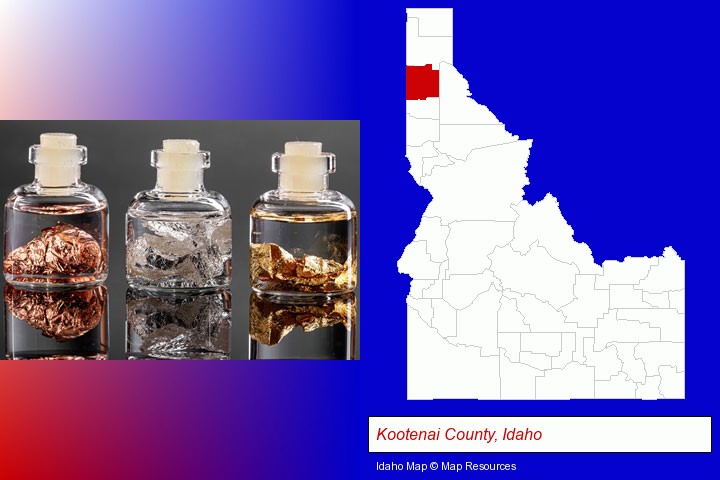 gold, silver, and copper nuggets; Kootenai County, Idaho highlighted in red on a map