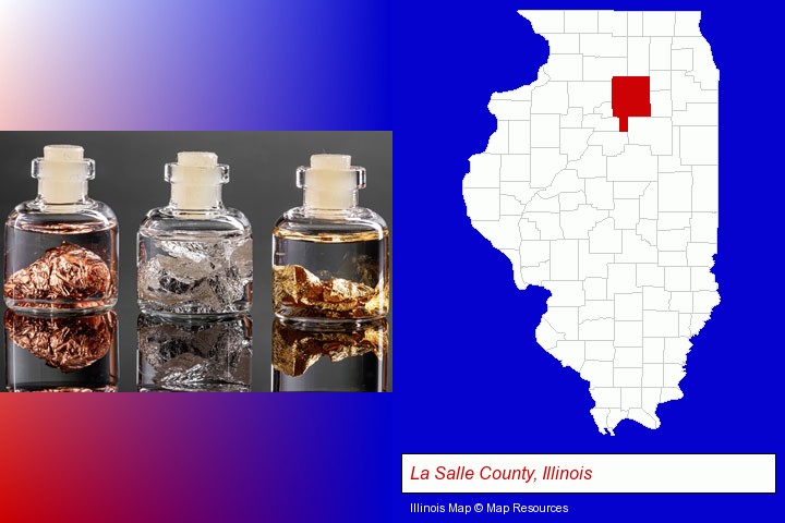 gold, silver, and copper nuggets; La Salle County, Illinois highlighted in red on a map