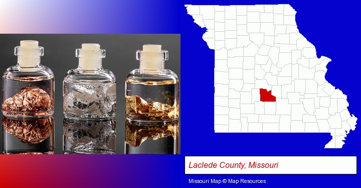 gold, silver, and copper nuggets; Laclede County, Missouri highlighted in red on a map