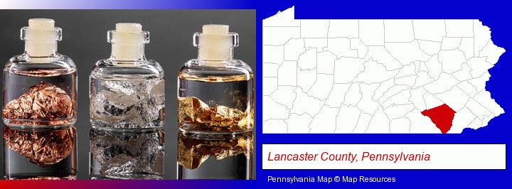 gold, silver, and copper nuggets; Lancaster County, Pennsylvania highlighted in red on a map