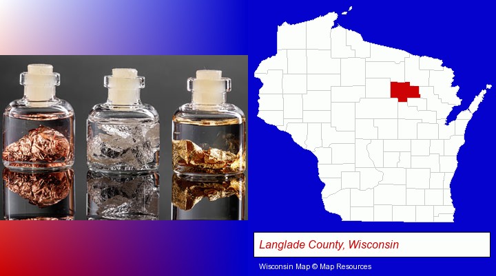 gold, silver, and copper nuggets; Langlade County, Wisconsin highlighted in red on a map