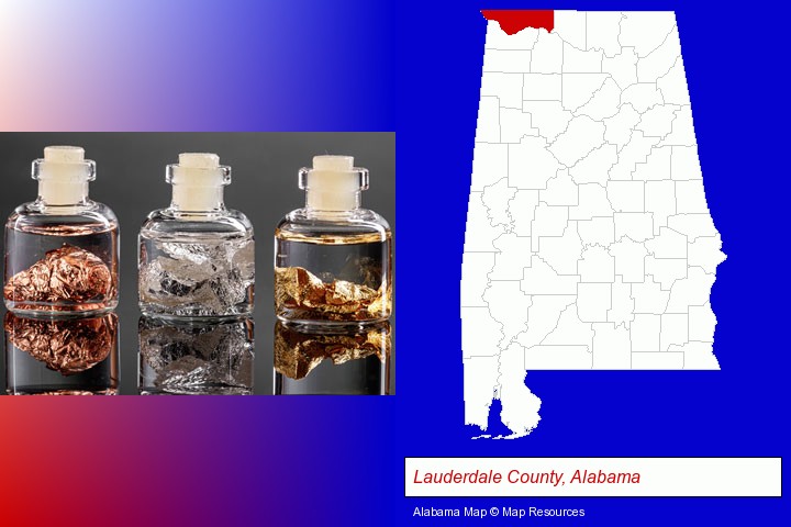 gold, silver, and copper nuggets; Lauderdale County, Alabama highlighted in red on a map