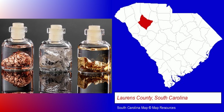 gold, silver, and copper nuggets; Laurens County, South Carolina highlighted in red on a map