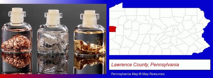 gold, silver, and copper nuggets; Lawrence County, Pennsylvania highlighted in red on a map