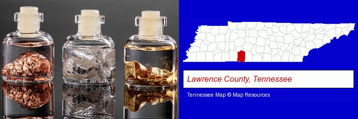 gold, silver, and copper nuggets; Lawrence County, Tennessee highlighted in red on a map