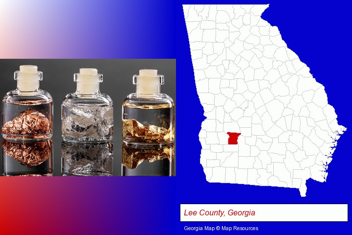 gold, silver, and copper nuggets; Lee County, Georgia highlighted in red on a map