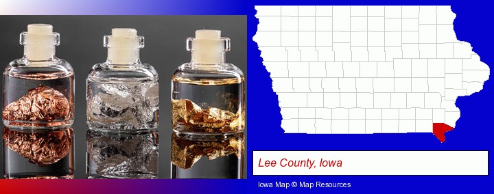 gold, silver, and copper nuggets; Lee County, Iowa highlighted in red on a map