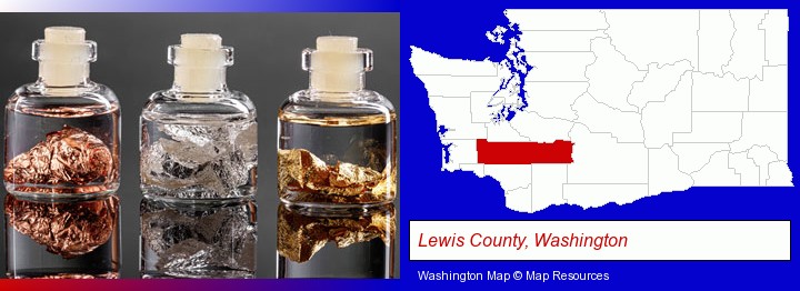 gold, silver, and copper nuggets; Lewis County, Washington highlighted in red on a map