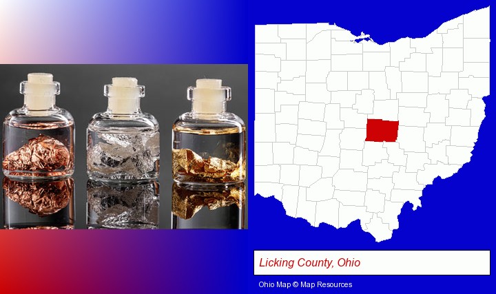 gold, silver, and copper nuggets; Licking County, Ohio highlighted in red on a map
