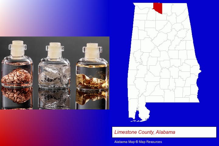 gold, silver, and copper nuggets; Limestone County, Alabama highlighted in red on a map