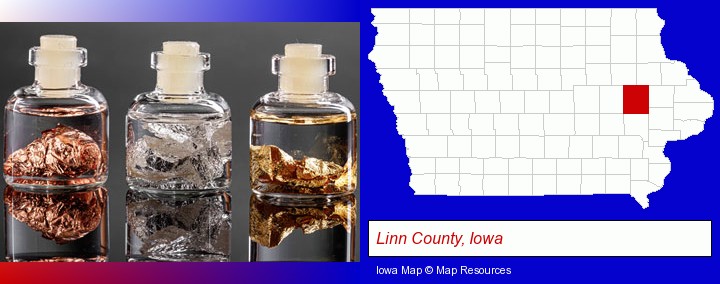 gold, silver, and copper nuggets; Linn County, Iowa highlighted in red on a map