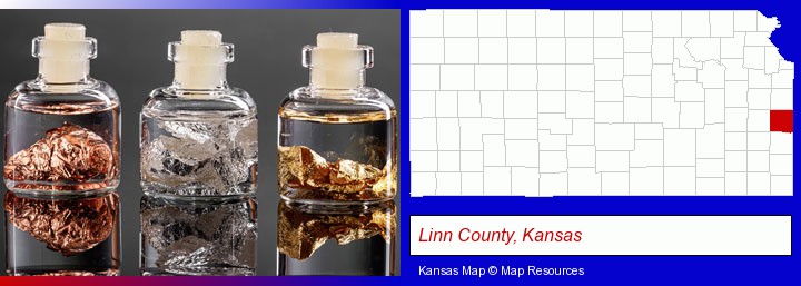gold, silver, and copper nuggets; Linn County, Kansas highlighted in red on a map