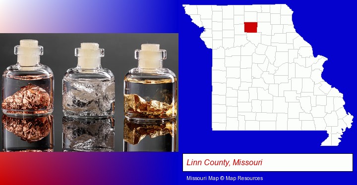 gold, silver, and copper nuggets; Linn County, Missouri highlighted in red on a map