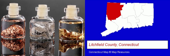 gold, silver, and copper nuggets; Litchfield County, Connecticut highlighted in red on a map