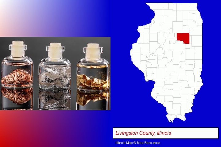gold, silver, and copper nuggets; Livingston County, Illinois highlighted in red on a map