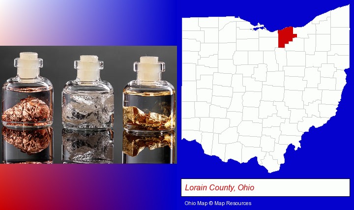 gold, silver, and copper nuggets; Lorain County, Ohio highlighted in red on a map