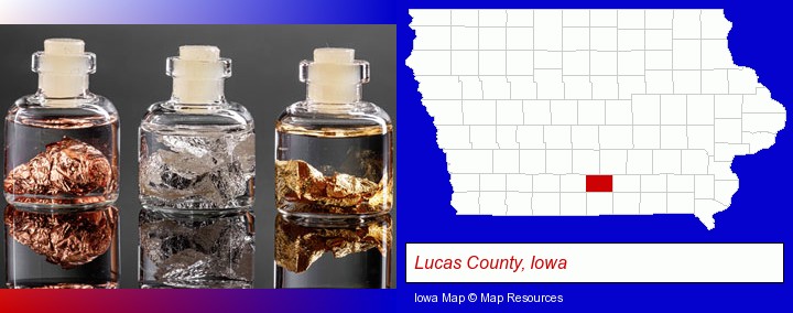 gold, silver, and copper nuggets; Lucas County, Iowa highlighted in red on a map