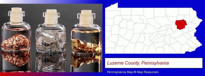 gold, silver, and copper nuggets; Luzerne County, Pennsylvania highlighted in red on a map