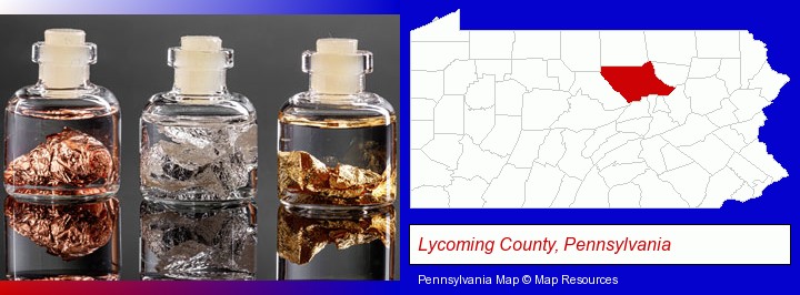 gold, silver, and copper nuggets; Lycoming County, Pennsylvania highlighted in red on a map