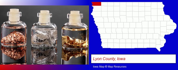 gold, silver, and copper nuggets; Lyon County, Iowa highlighted in red on a map