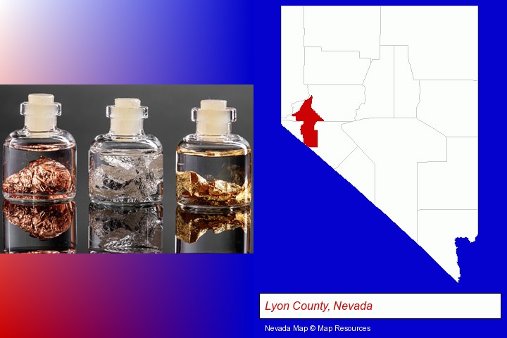 gold, silver, and copper nuggets; Lyon County, Nevada highlighted in red on a map