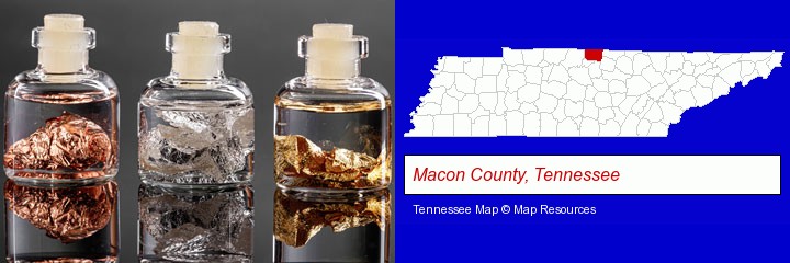 gold, silver, and copper nuggets; Macon County, Tennessee highlighted in red on a map