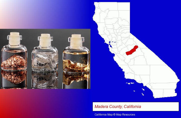 gold, silver, and copper nuggets; Madera County, California highlighted in red on a map