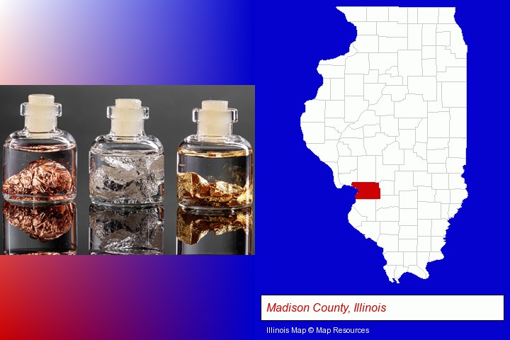 gold, silver, and copper nuggets; Madison County, Illinois highlighted in red on a map