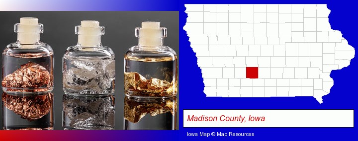 gold, silver, and copper nuggets; Madison County, Iowa highlighted in red on a map