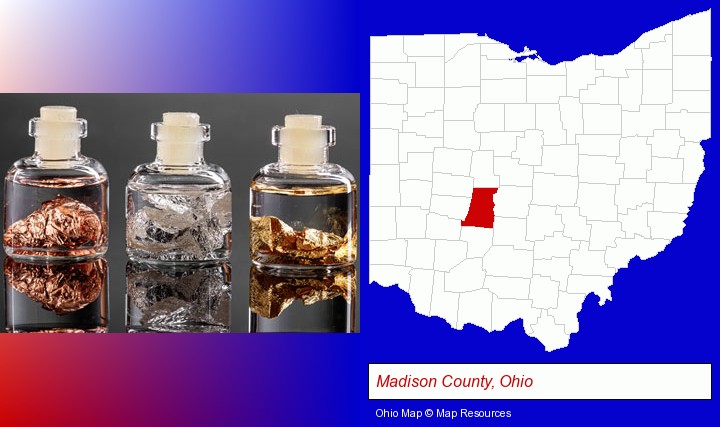 gold, silver, and copper nuggets; Madison County, Ohio highlighted in red on a map