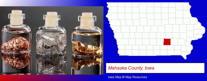 gold, silver, and copper nuggets; Mahaska County, Iowa highlighted in red on a map