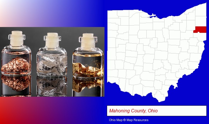gold, silver, and copper nuggets; Mahoning County, Ohio highlighted in red on a map