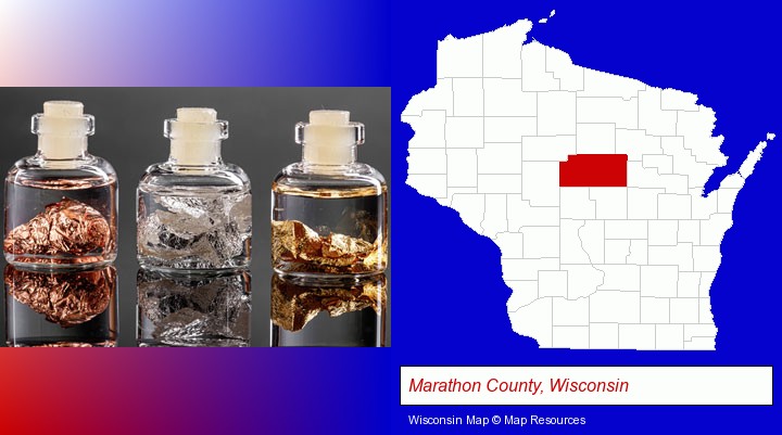 gold, silver, and copper nuggets; Marathon County, Wisconsin highlighted in red on a map