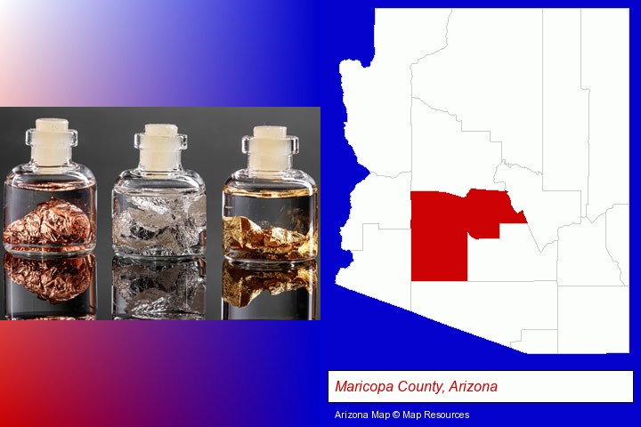 gold, silver, and copper nuggets; Maricopa County, Arizona highlighted in red on a map
