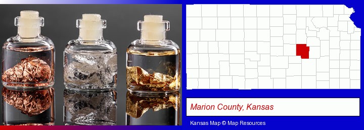 gold, silver, and copper nuggets; Marion County, Kansas highlighted in red on a map
