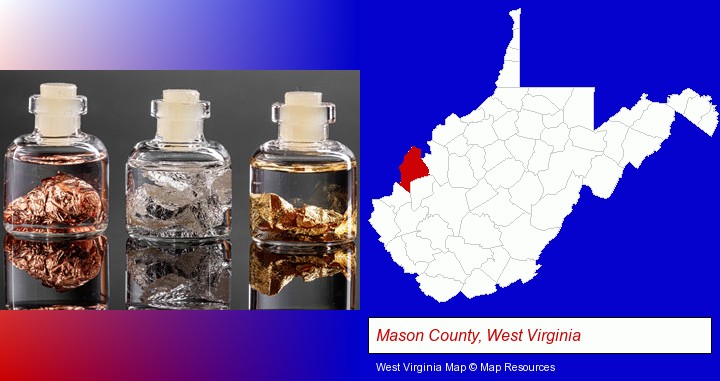 gold, silver, and copper nuggets; Mason County, West Virginia highlighted in red on a map