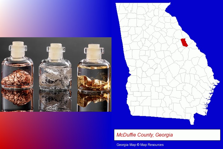 gold, silver, and copper nuggets; McDuffie County, Georgia highlighted in red on a map