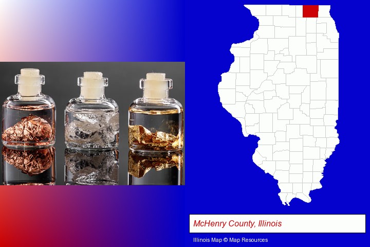 gold, silver, and copper nuggets; McHenry County, Illinois highlighted in red on a map