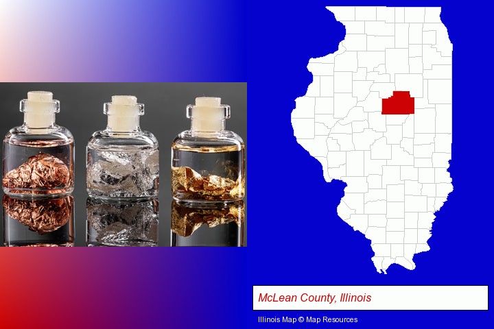 gold, silver, and copper nuggets; McLean County, Illinois highlighted in red on a map