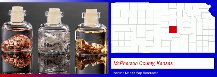 gold, silver, and copper nuggets; McPherson County, Kansas highlighted in red on a map