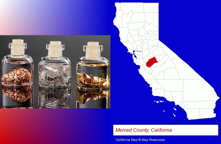 gold, silver, and copper nuggets; Merced County, California highlighted in red on a map
