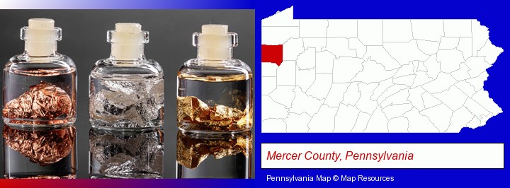 gold, silver, and copper nuggets; Mercer County, Pennsylvania highlighted in red on a map