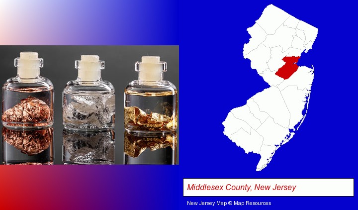 gold, silver, and copper nuggets; Middlesex County, New Jersey highlighted in red on a map
