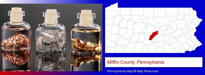gold, silver, and copper nuggets; Mifflin County, Pennsylvania highlighted in red on a map