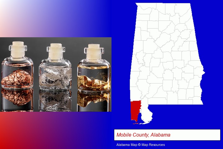 gold, silver, and copper nuggets; Mobile County, Alabama highlighted in red on a map