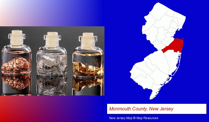 gold, silver, and copper nuggets; Monmouth County, New Jersey highlighted in red on a map