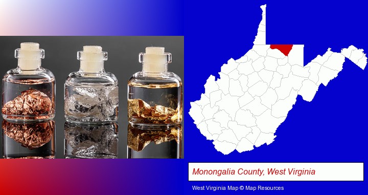 gold, silver, and copper nuggets; Monongalia County, West Virginia highlighted in red on a map