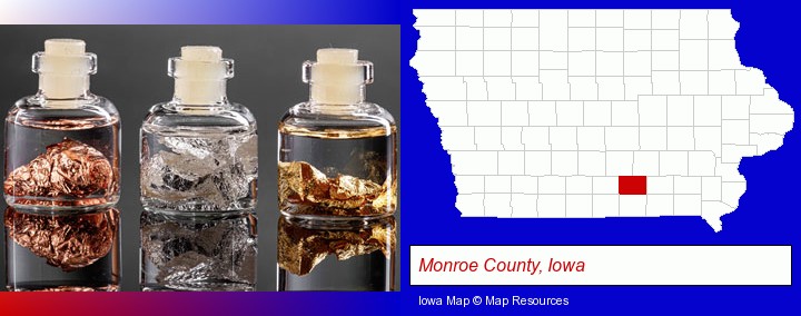 gold, silver, and copper nuggets; Monroe County, Iowa highlighted in red on a map
