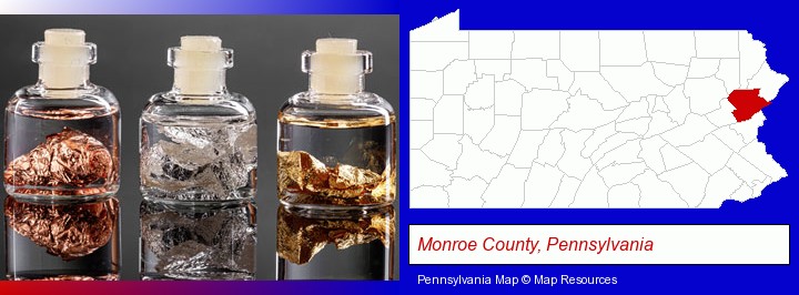 gold, silver, and copper nuggets; Monroe County, Pennsylvania highlighted in red on a map