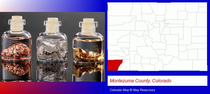 gold, silver, and copper nuggets; Montezuma County, Colorado highlighted in red on a map